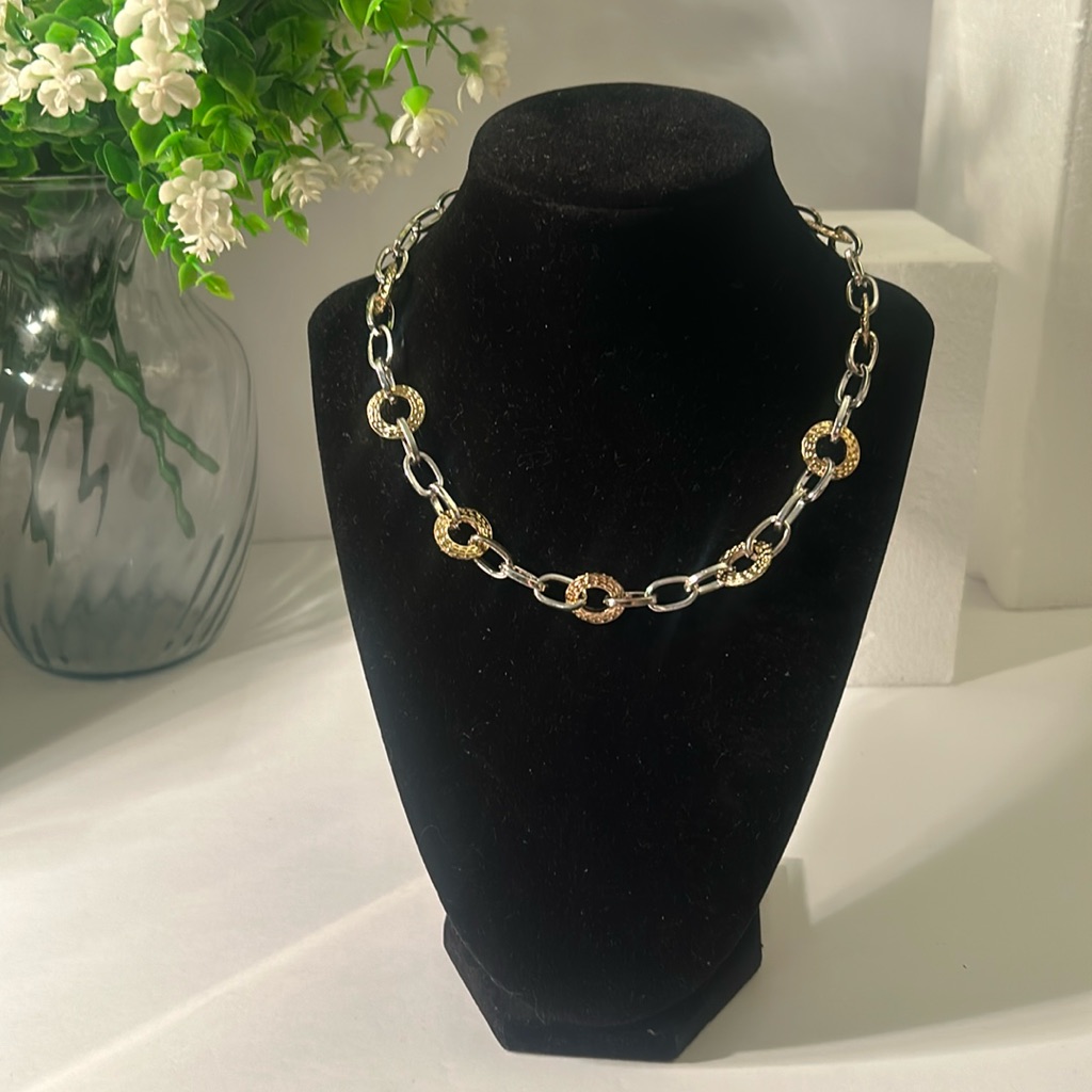 Silver Tone Linked Necklace W Gold Tone Circles Lobster Clasp  Extender
